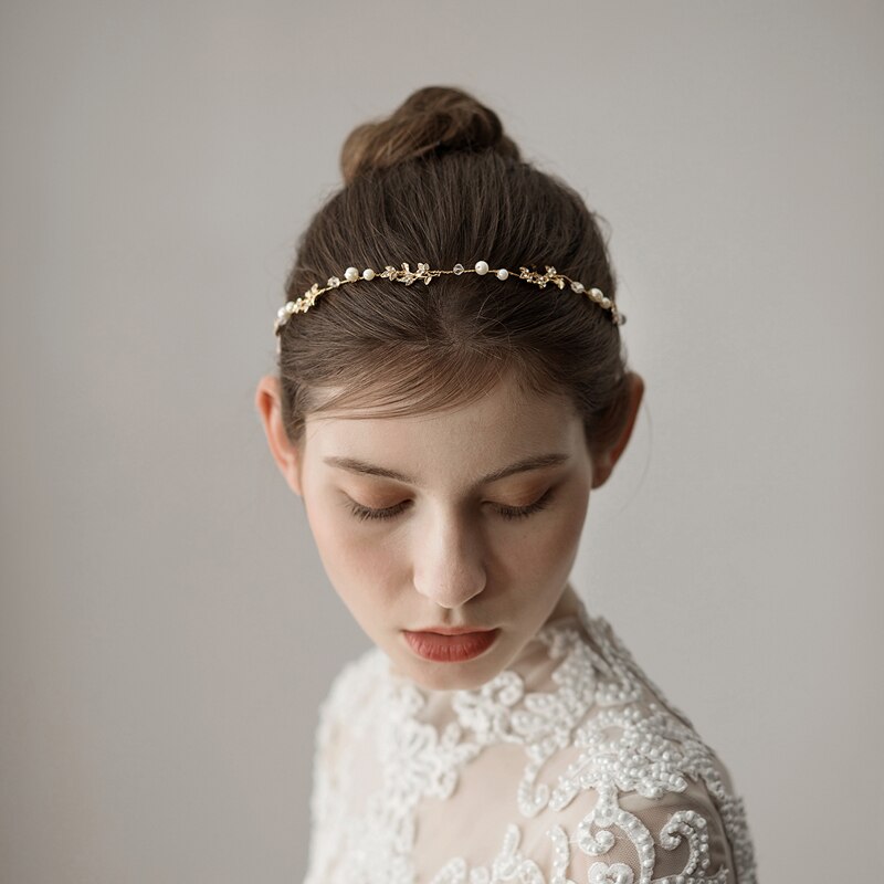 Beaded Leaf Bridal Hair Ornament | Alloy Gold 38cm Simple