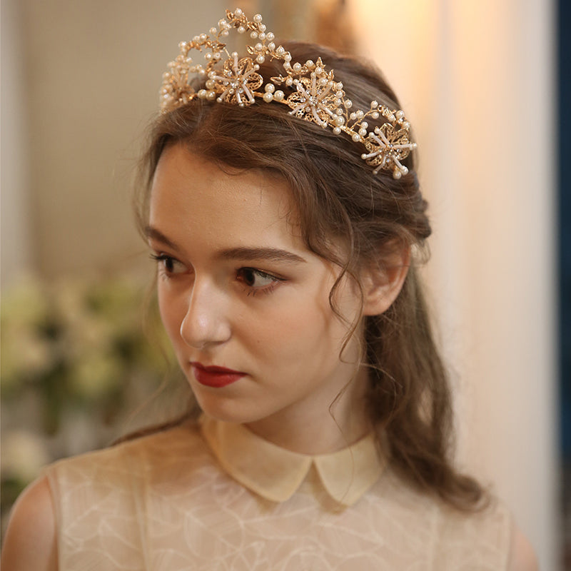 Bridal Pearl Crystal Crown Headdress | KC Gold Manual Crafted
