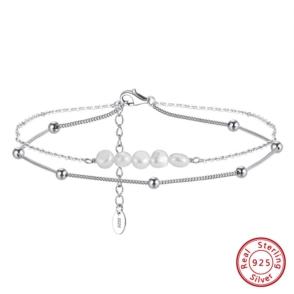 Pearl Double Chain Anklet | 14K Gold White Gold 22+5cm