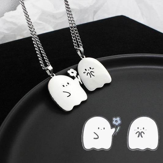 Cute Ghost and Cat Pendant Necklace in Stainless Steel