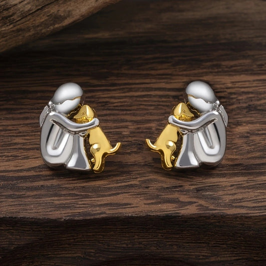 Little Girl and Dog Hug Ear Studs | Alloy Cartoon Unisex Gold Silver