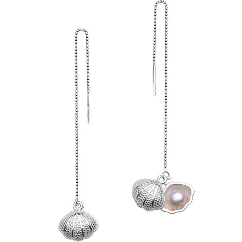 925 Sterling Silver Freshwater Pearl Shell Ear Line Dangle Earrings for Women