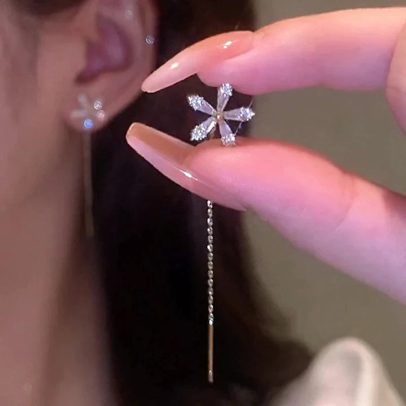 S925 Silver Micro-Inlaid Zircon Flower Ear Line Drop Earrings for Women