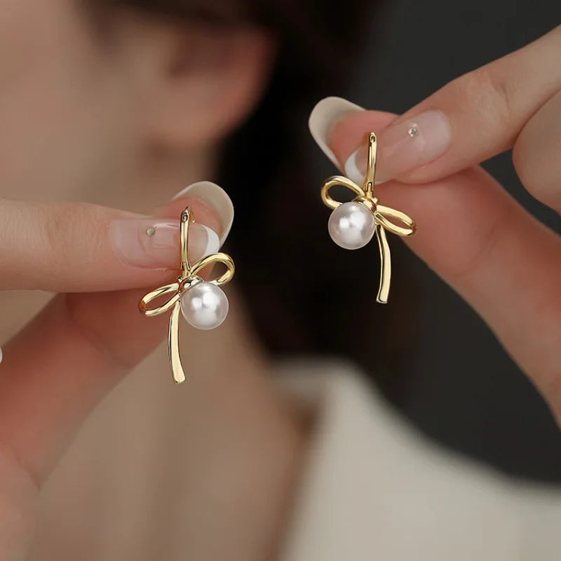 925 Sterling Silver Bow Knot Pearl Earrings for Women