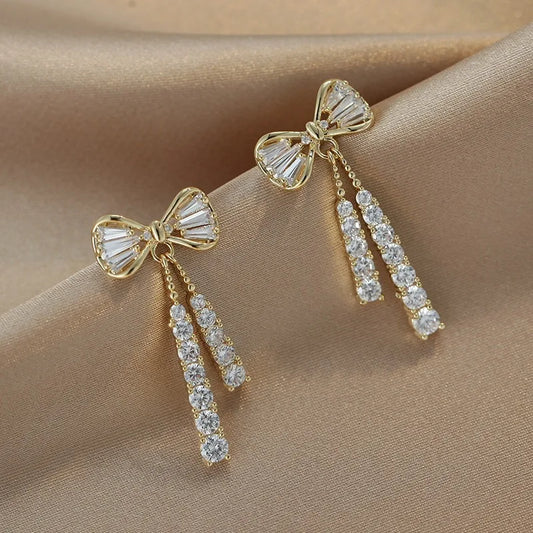 Full Diamond Bow Tie Tassel Drop Earrings for Women