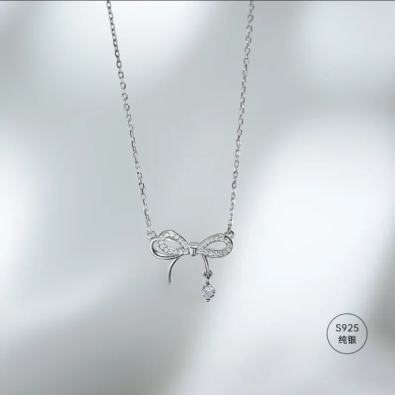 925 Sterling Silver Bow Zircon Pendant Necklace for Women