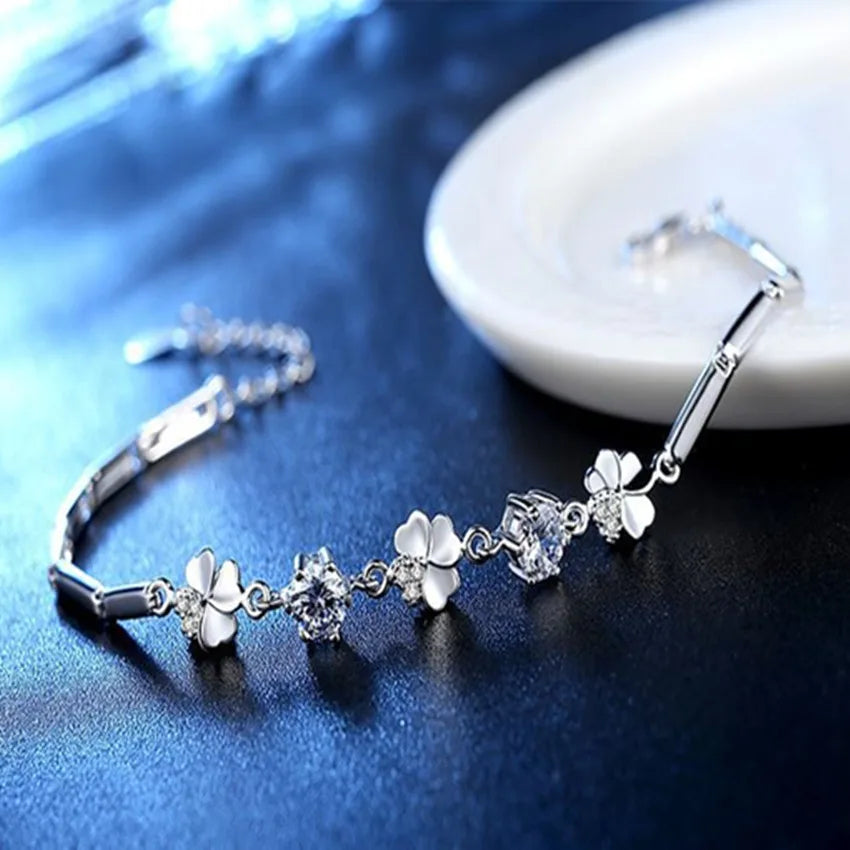925 Sterling Silver Lucky Clover Crystal Bracelet for Women
