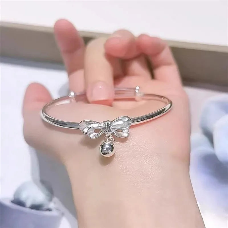 925 Sterling Silver Bow Bead Cuff Bracelet for Women