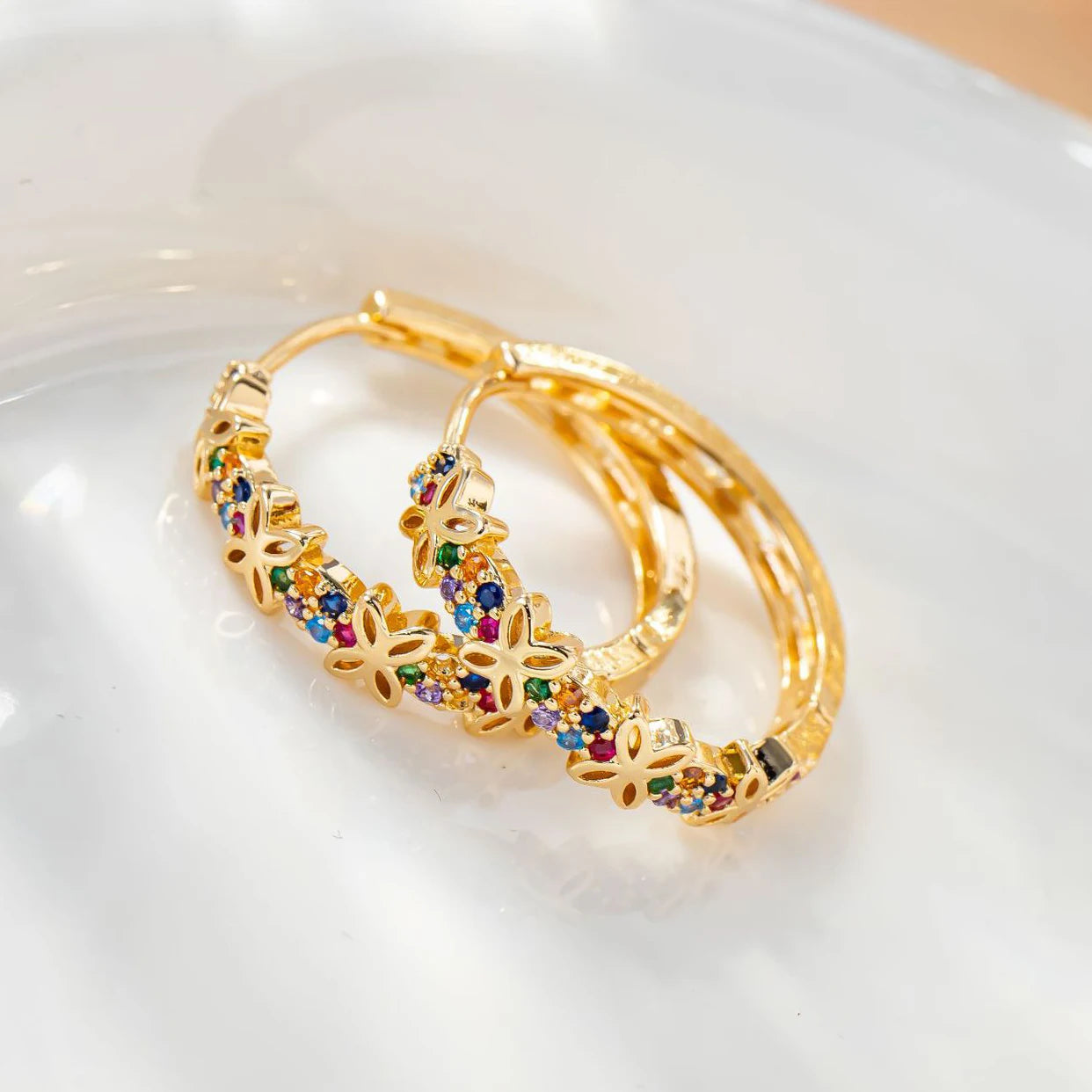 Rainbow Flower Zircon Hoop Earrings for Women