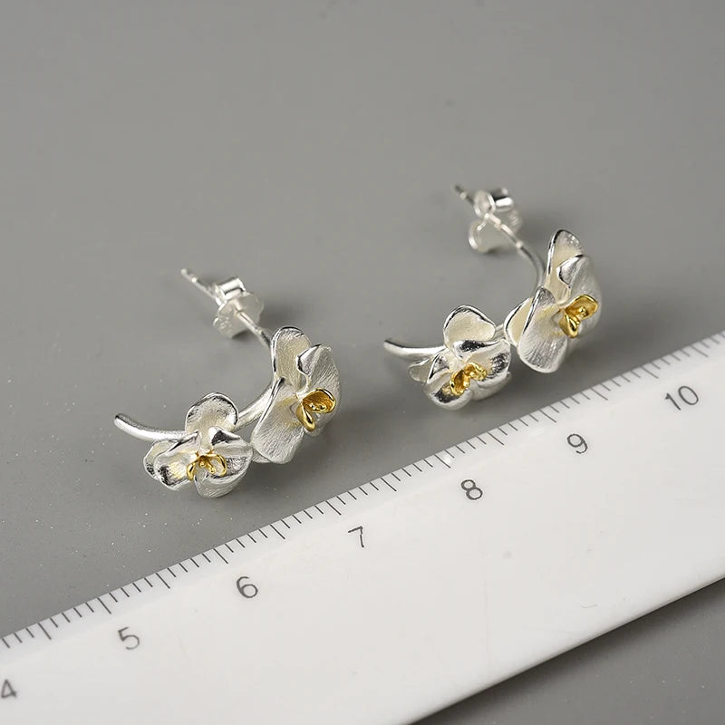 925 Sterling Silver Phalaenopsis Flower Hoop Earrings for Women