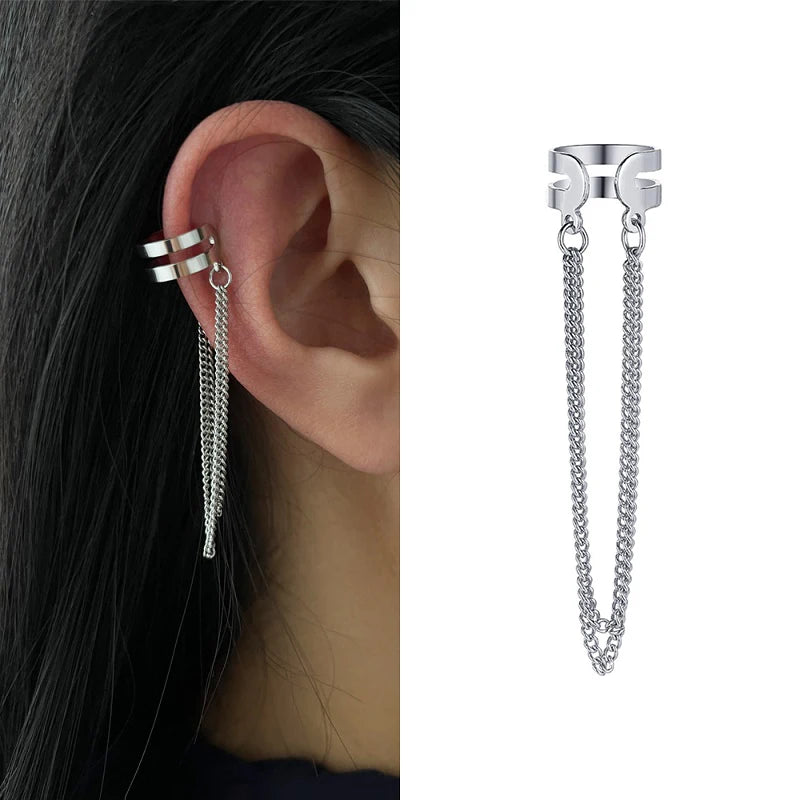 Silver Long Chain Tassel Ear Clip Earrings for Women — No Piercing