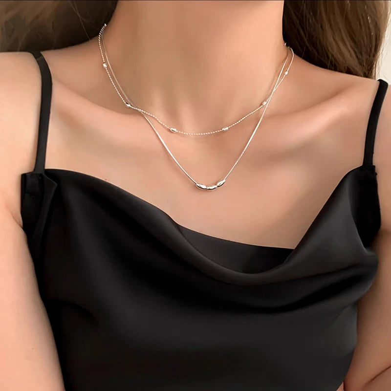 925 Sterling Silver Double Layer Geometric Pendant Choker Necklace for Women