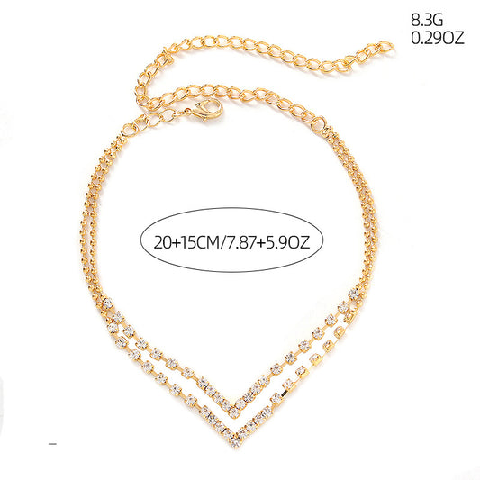 Double-Layer Rhinestone Anklet | Crystal Geometric Gold Silver Beach
