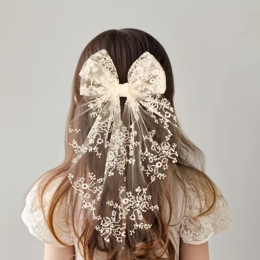 Embroidered Lace Bow Hair Ribbon – Elegant Long Hair Accessory for Women & Girls