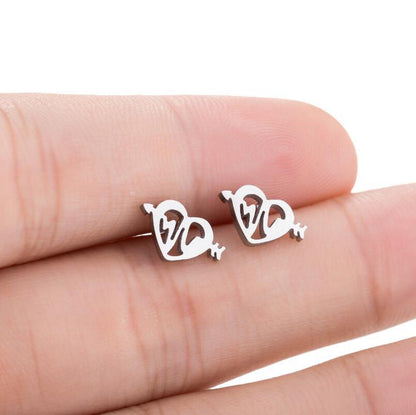 Arrow Through Heart Stud Earrings | Stainless Steel Gold Black Silver Rose
