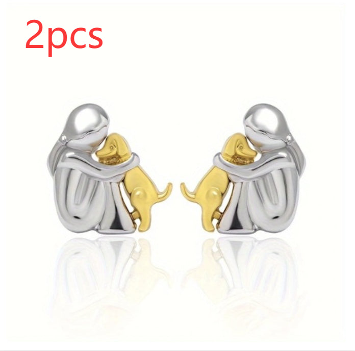 Little Girl and Dog Hug Ear Studs | Alloy Cartoon Unisex Gold Silver