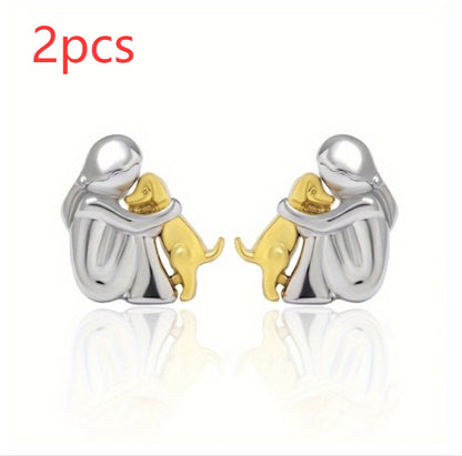 Little Girl and Dog Hug Ear Studs | Alloy Cartoon Unisex Gold Silver