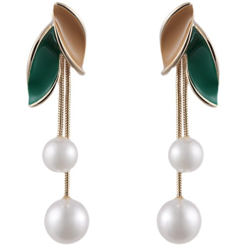 Pearl Leaf Tassel Earrings | Alloy Korean Style Beige Green