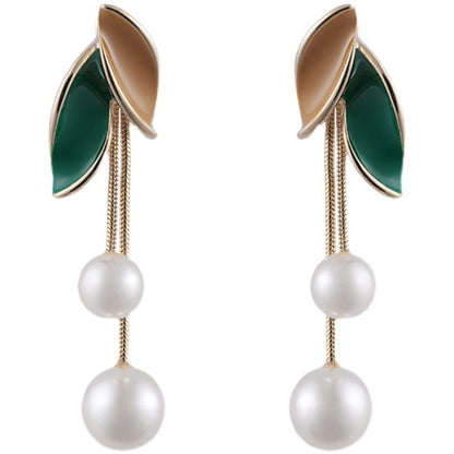 Pearl Leaf Tassel Earrings | Alloy Korean Style Beige Green