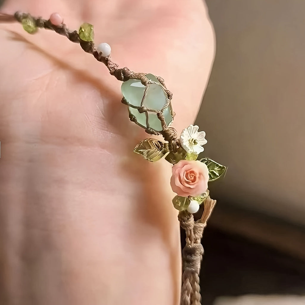 Vintage Pink Flower Crystal Macrame Bracelet | Boho Gift for Her