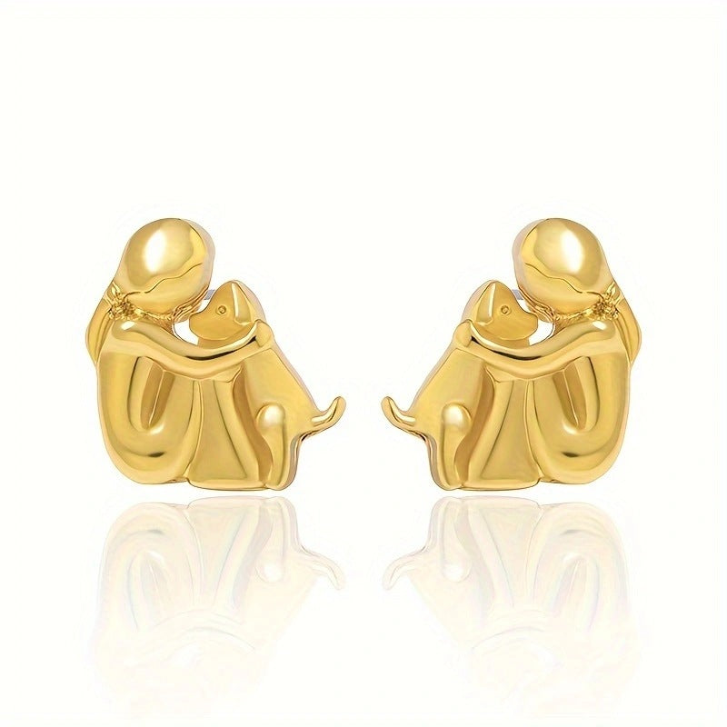 Little Girl and Dog Hug Ear Studs | Alloy Cartoon Unisex Gold Silver
