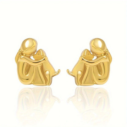 Little Girl and Dog Hug Ear Studs | Alloy Cartoon Unisex Gold Silver