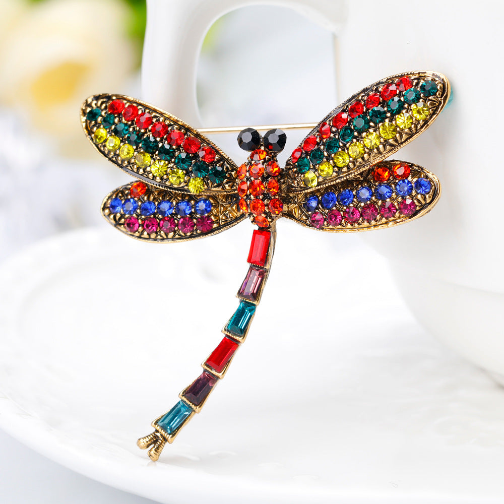 Retro Diamond Dragonfly Brooch | Alloy Rhinestone Gold 4.6cm