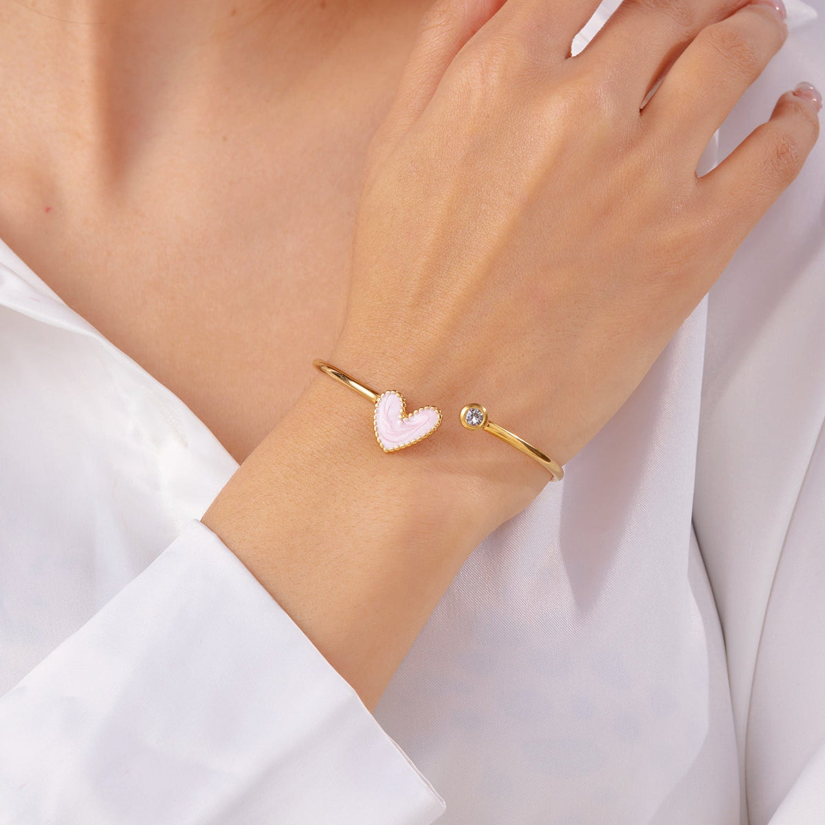 Hollow Heart Shape Drop Oil Diamond Bracelet in Stainless Steel