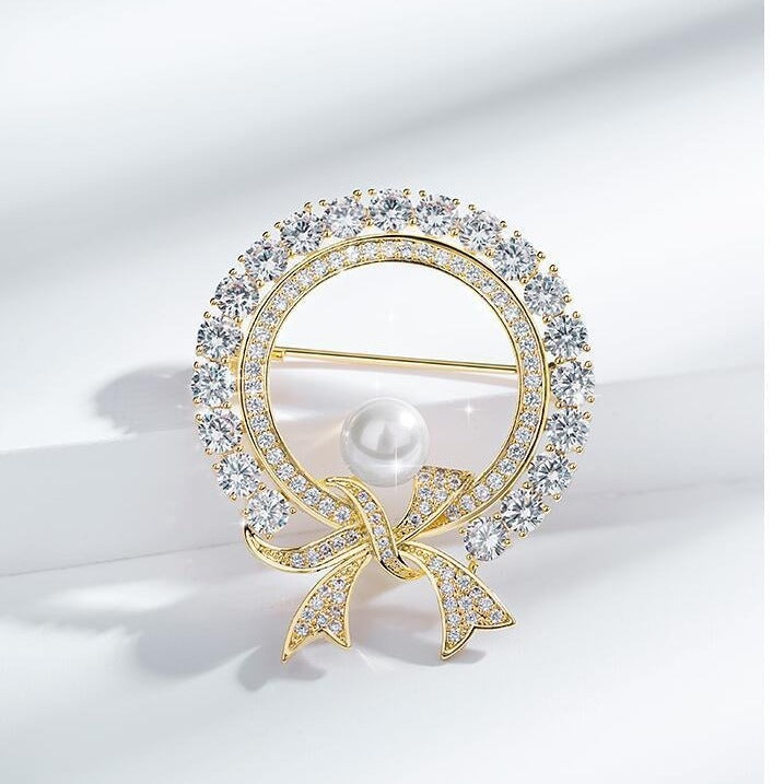 Rhinestone Bow Pearl Brooch | Alloy Korean Gold Silver Dual-Use
