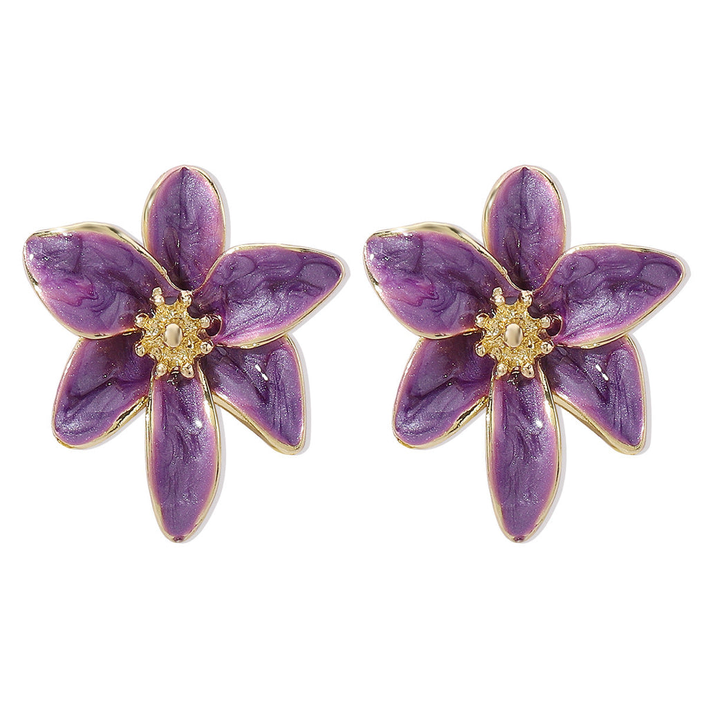 Vintage Enamel Flower Stud Earrings | Alloy Oil Drop Purple Green Wine Orange