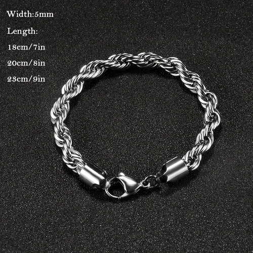 5mm Stainless Steel Twisted Rope Bracelet | 18K Gold Plated Chain for Men