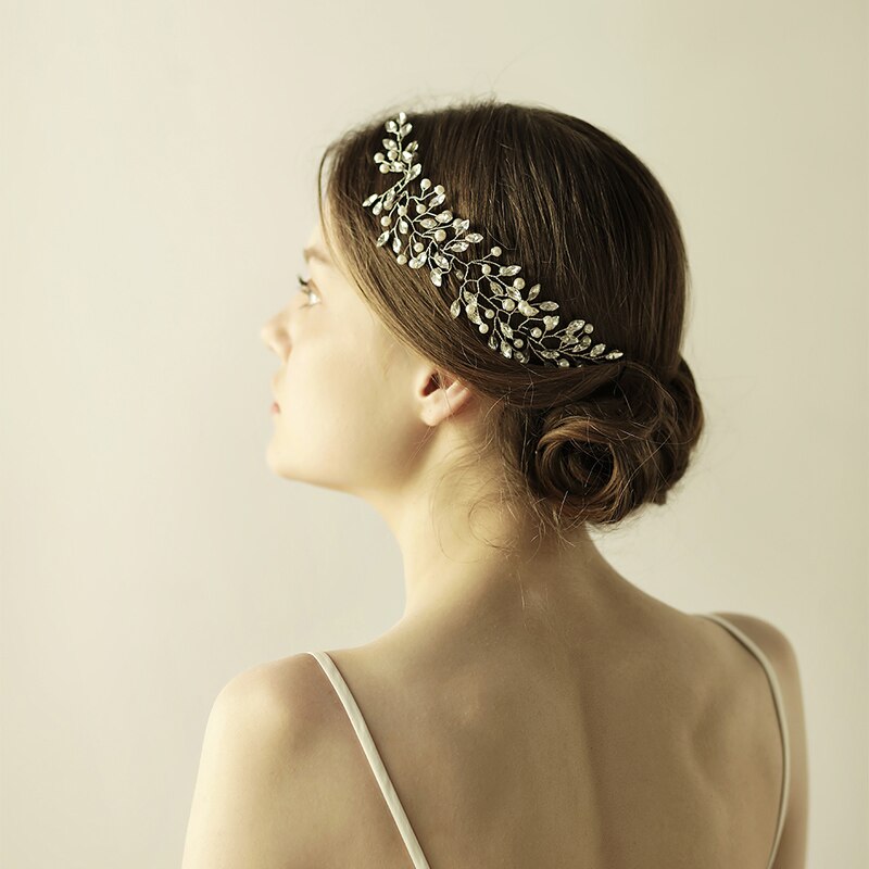 Pearl Bridal Hair Band | Glass Drill Korean Silver 26cm 13g