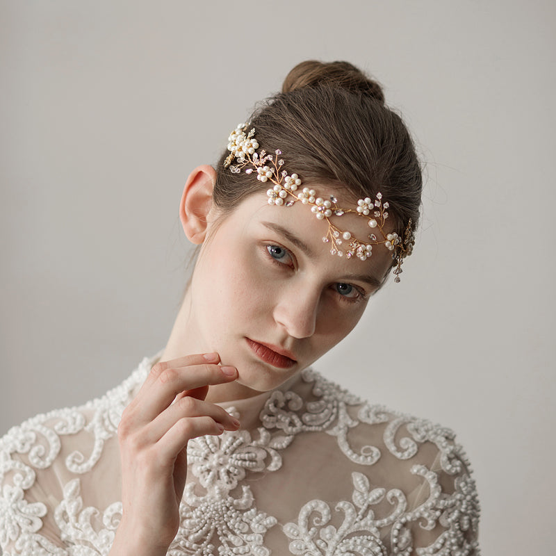 Pearl Flower Wedding Headband | Imitation Pearl Sweet Gold