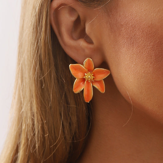 Vintage Enamel Flower Stud Earrings | Alloy Oil Drop Purple Green Wine Orange