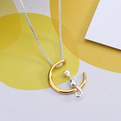 Cat and Moon Pendant Necklace for Women