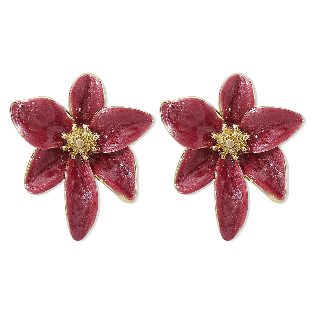 Vintage Enamel Flower Stud Earrings | Alloy Oil Drop Purple Green Wine Orange