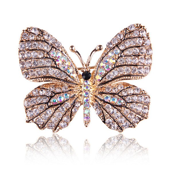Rhinestone Butterfly Brooch Pin | Alloy Gold Wedding Bridal 4cm