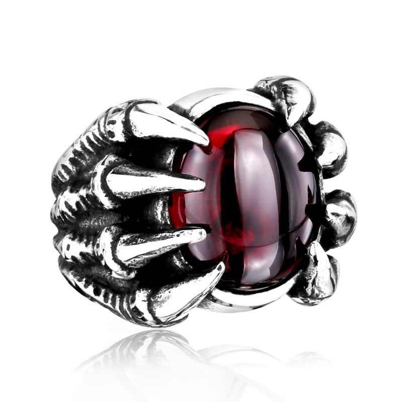 Men's Vintage Zircon Inlaid Stainless Steel Ring | Ruby and Black Agate
