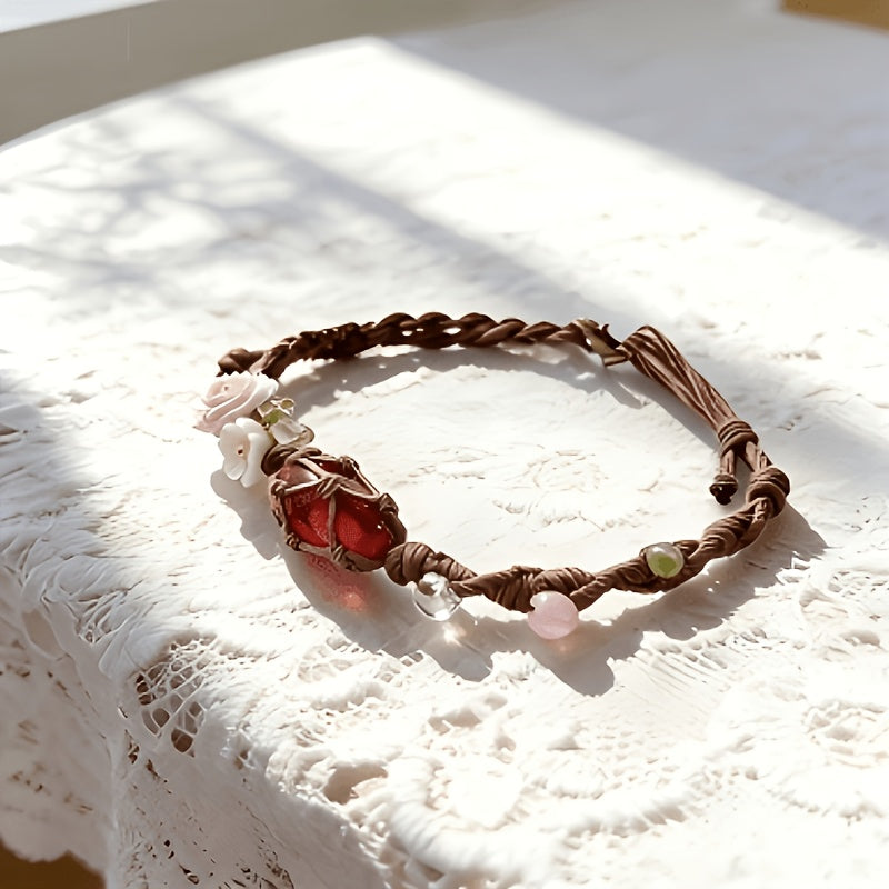 Red Crystal Flower Pendant Boho Bracelet for Women | Adjustable