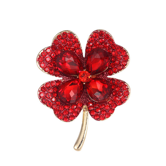 Four-Leaf Clover Brooch | Alloy Zircon Inlay Light Luxury Red Green
