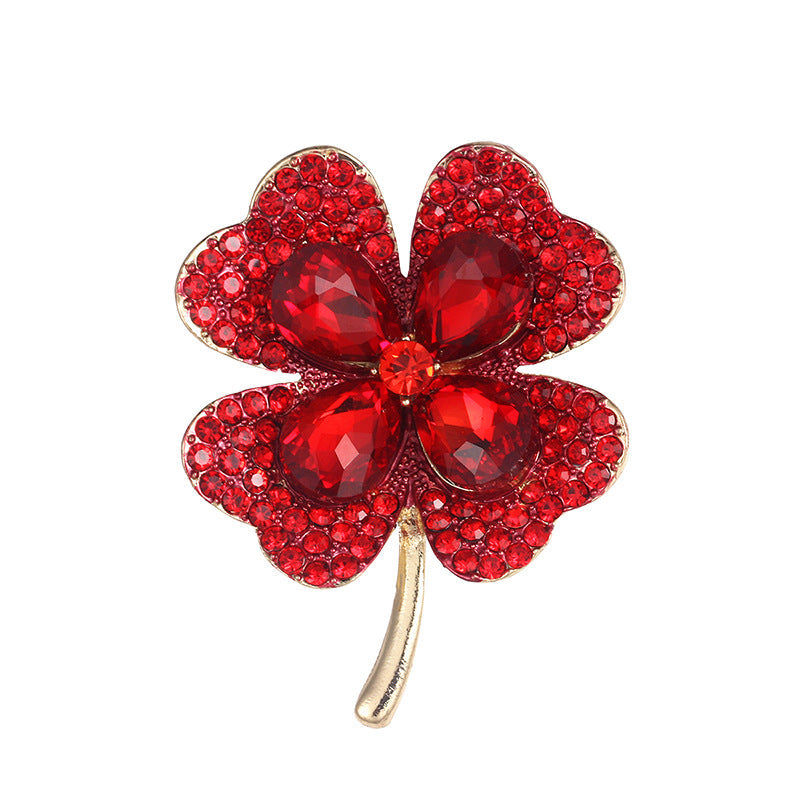 Four-Leaf Clover Brooch | Alloy Zircon Inlay Light Luxury Red Green