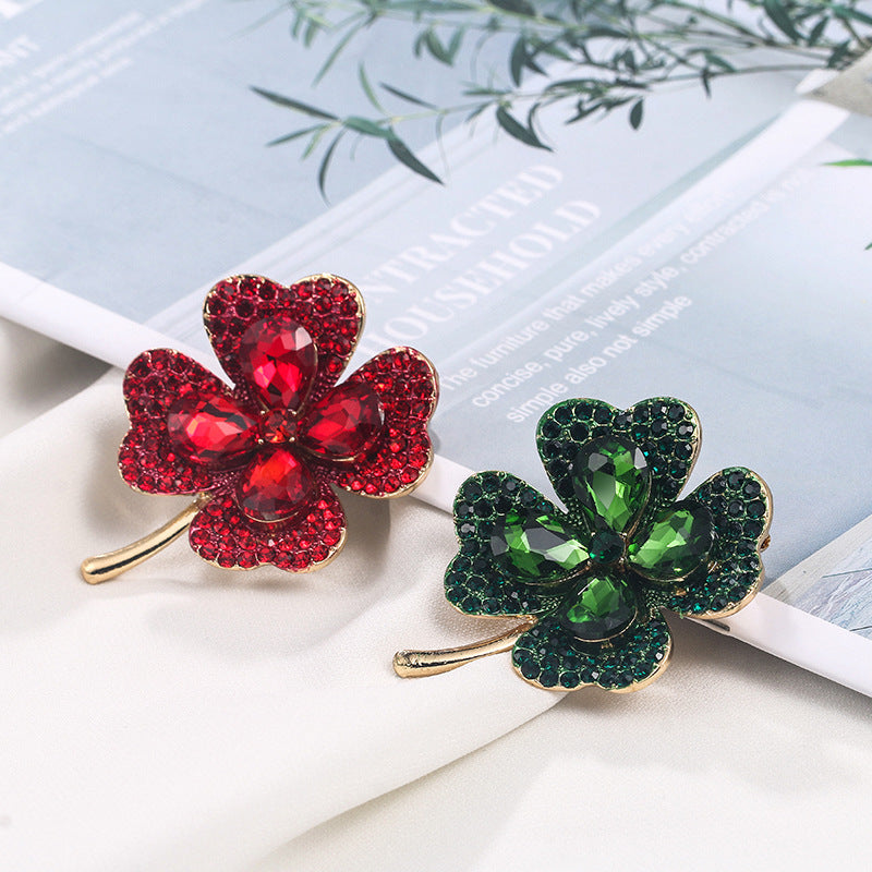 Four-Leaf Clover Brooch | Alloy Zircon Inlay Light Luxury Red Green
