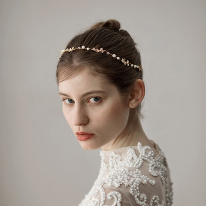 Beaded Leaf Bridal Hair Ornament | Alloy Gold 38cm Simple