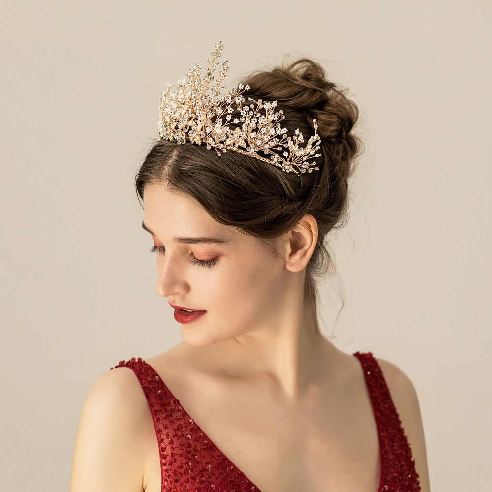 Multi-Layer Rice Bead Crown Headwear | Alloy Diamond Gold Bridal