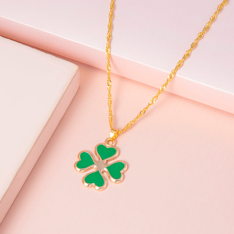 Green Enamel Four Leaf Clover Pendant Necklace for Women