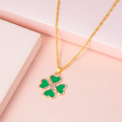 Green Enamel Four Leaf Clover Pendant Necklace for Women