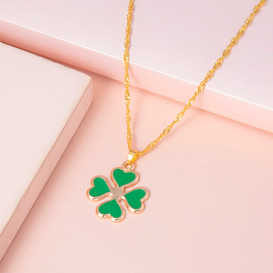 Green Enamel Four Leaf Clover Pendant Necklace for Women