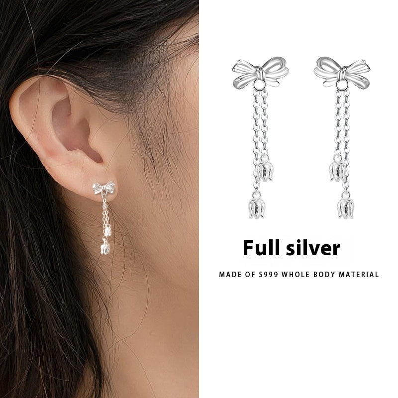 Bow Tassel Silver Ear Studs | Pure Silver Korean Sweet Style
