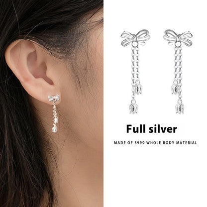 Bow Tassel Silver Ear Studs | Pure Silver Korean Sweet Style