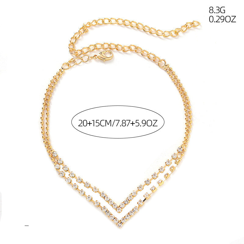 Double-Layer Rhinestone Anklet | Crystal Geometric Gold Silver Beach